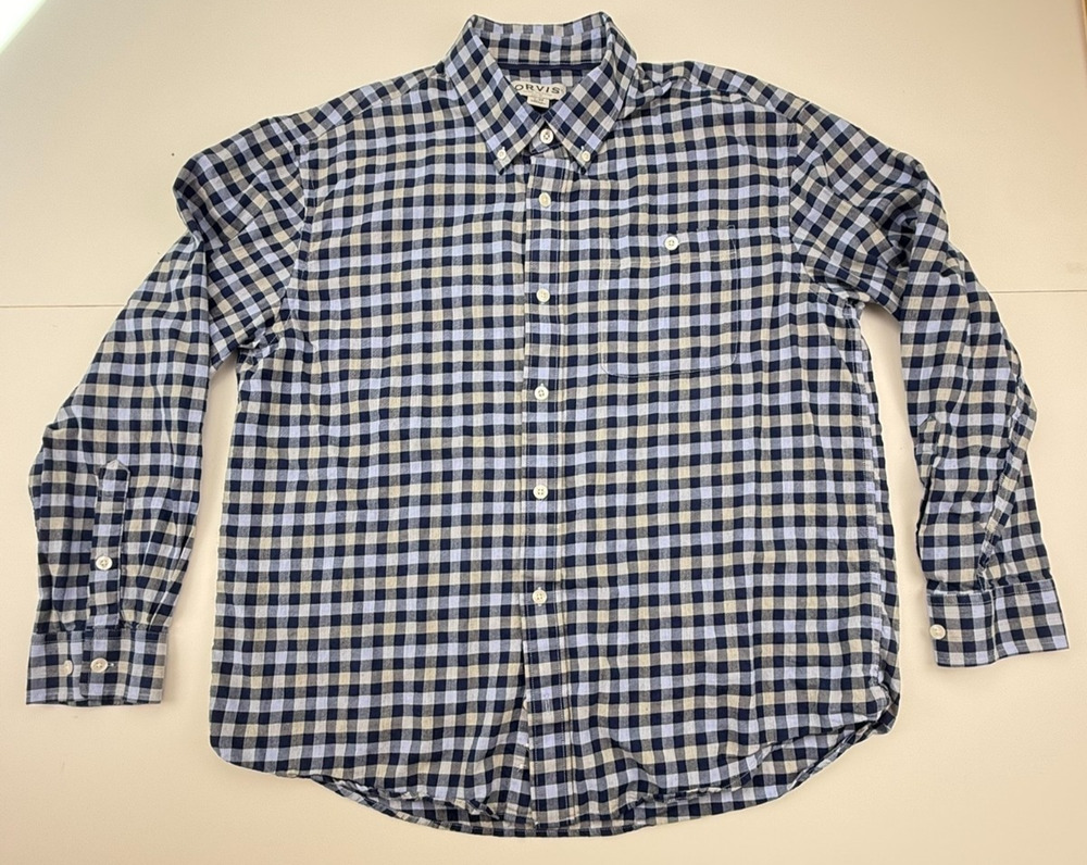 Orvis Men's XL Blue Navy Gingham Check Cotton Lyocell Button Down Shirt 1366082